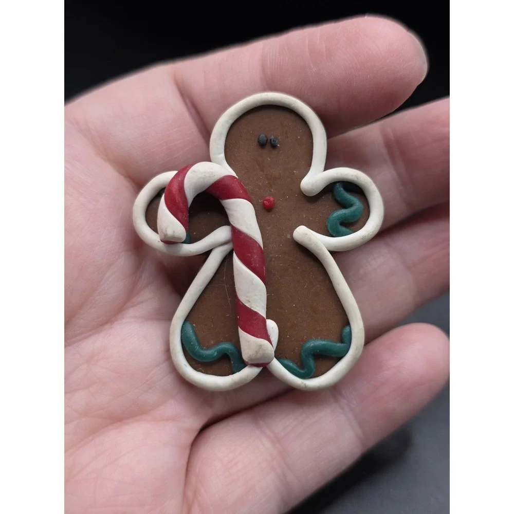 Polymer Clay Gingerbread Man W/ Candy Cane Brooch Pin